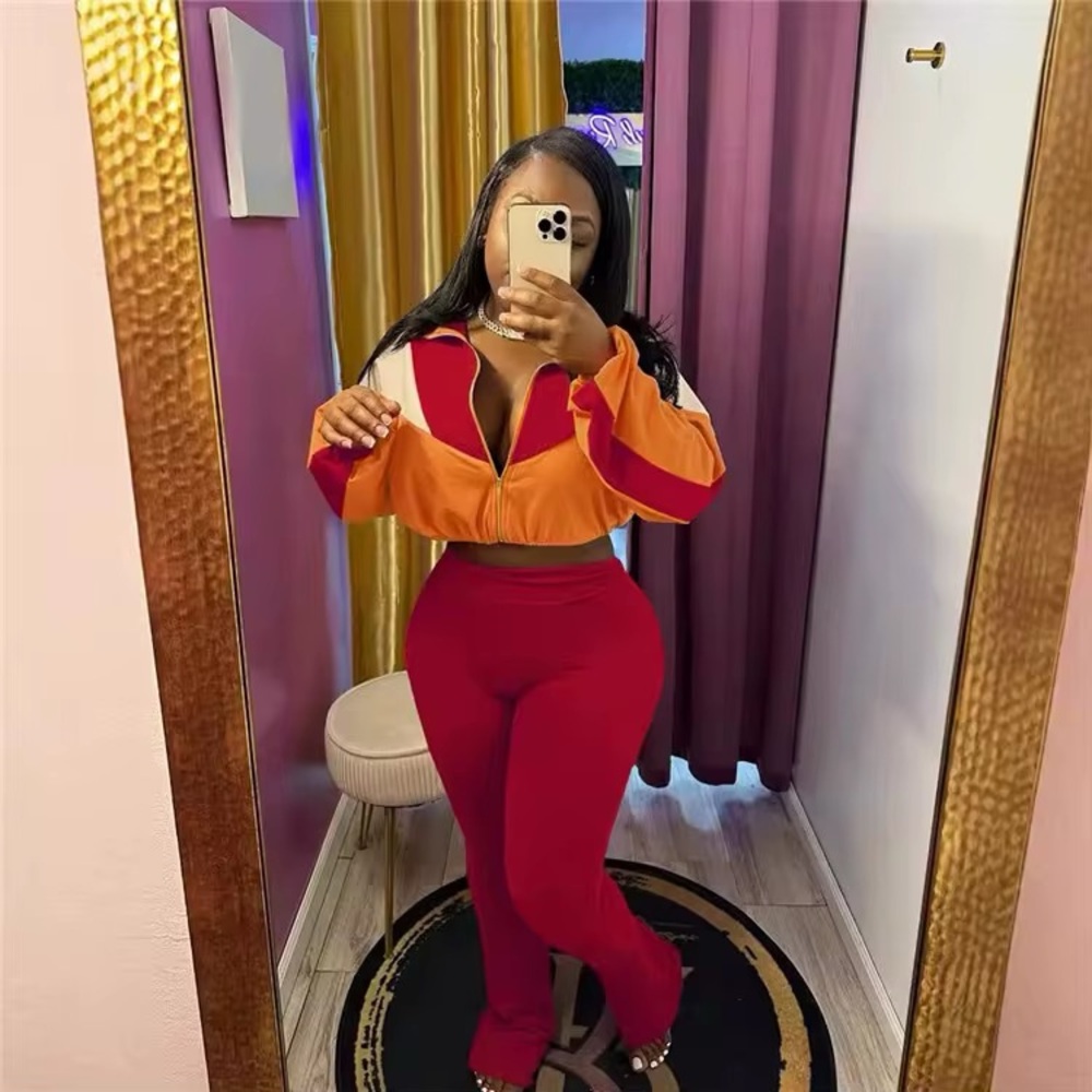 Colorblock Red and Orange Women's Jumpsuit 2 piece  cotton  set